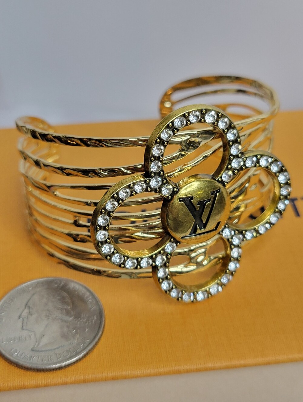 Gold Plated Bangle, LV Crystal Blossom, New, Adjustable